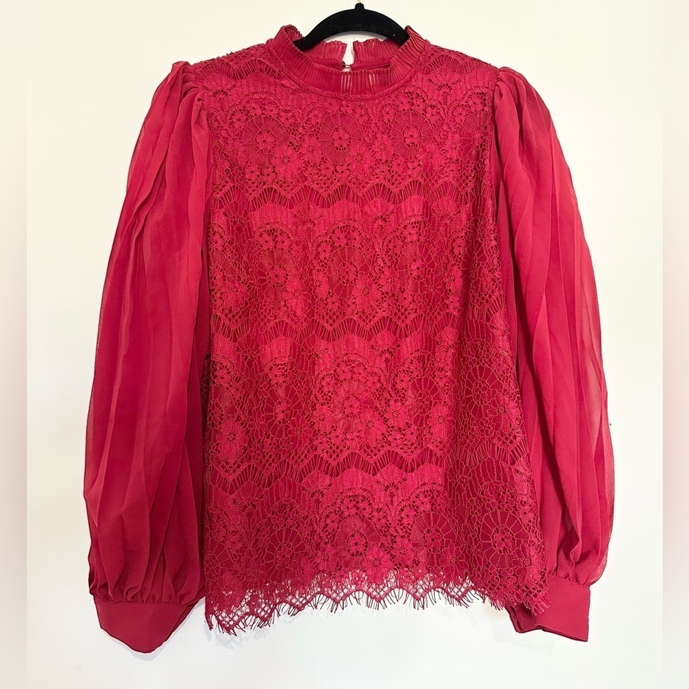 Anthropologie Eri + Ali red lace ballon sleeve blouse pullover elegant small